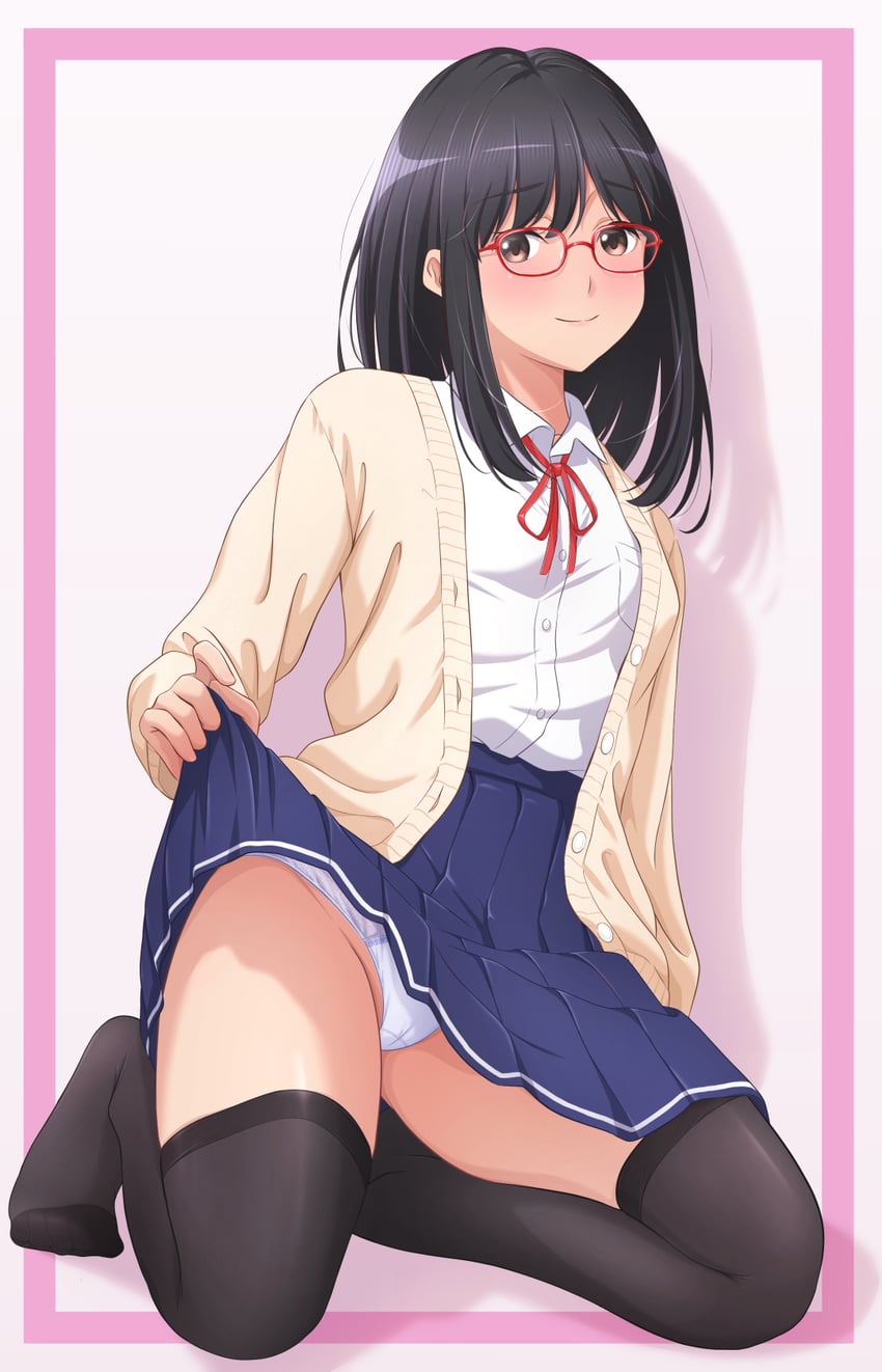 原创 1名女孩 黑发 黑色过膝袜 脸红 棕眼睛