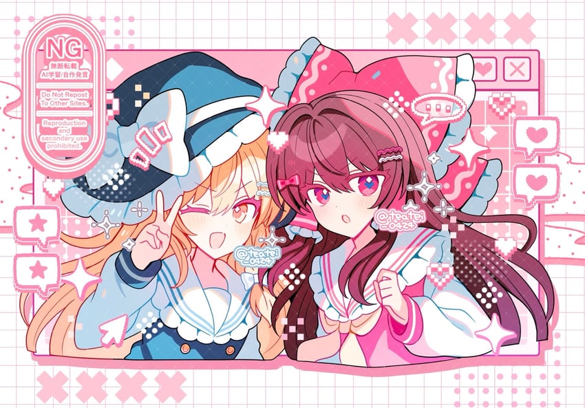 东方Project、博丽灵梦、雾雨魔理沙 ... 2名女孩 替换服装 金发 蓝帽子