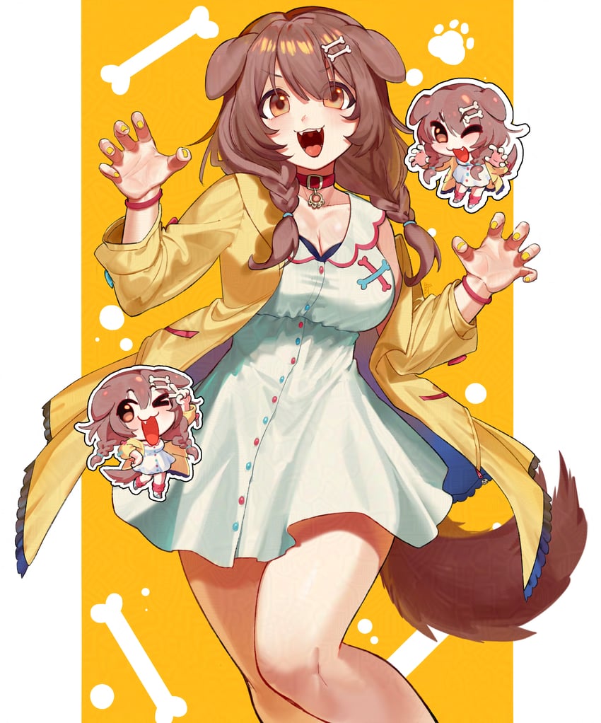 Hololive、戌神沁音、戌神沁音 (第一套服装) 1名女孩 猫脸笑 动物项圈 兽耳 蓝色蝴蝶结