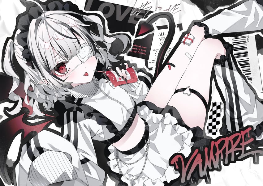 原创 1名女孩 创可贴 血 恶魔尾巴 吸管