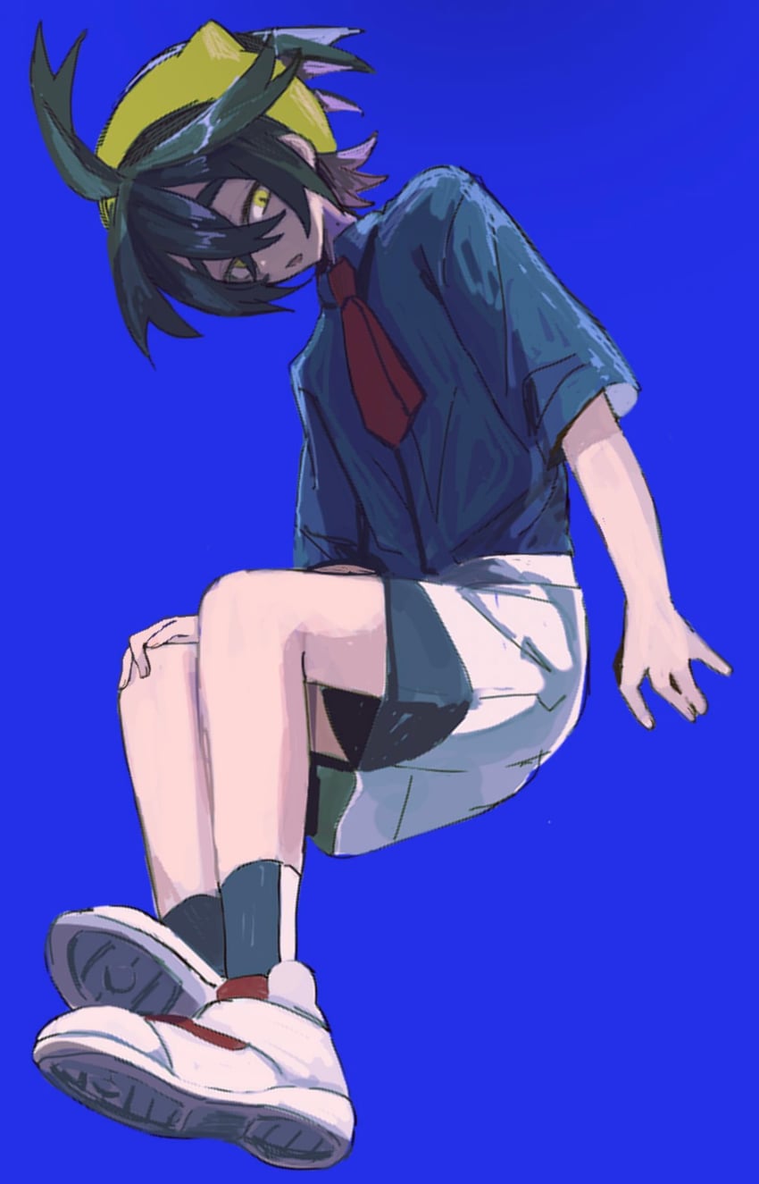 宝可梦、宝可梦 朱/紫、紫檀 (精灵宝可梦) 1名男孩 黑发 蓝色背景 蓝色衬衫 蓝袜子