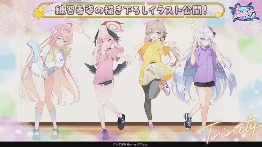 蔚蓝档案、梓 (蔚蓝档案)、花子 (蔚蓝档案) 4个女孩 呆毛 裸腿 黑色翅膀 棕发
