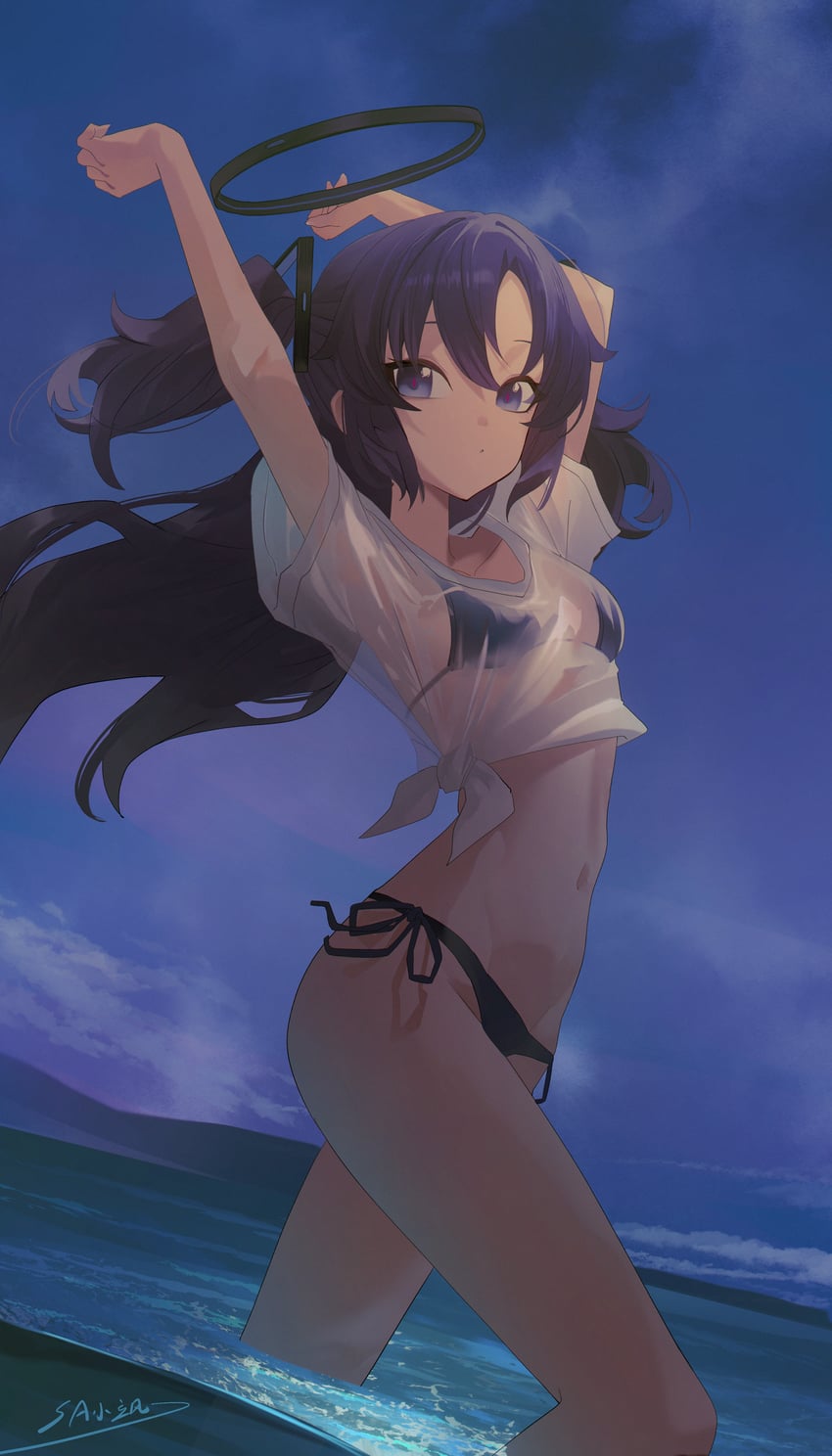 蔚蓝档案、早濑优香 1名女孩 替换服装 比基尼 透过衣服可见的比基尼 黑色光环