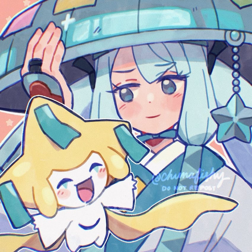 宝可梦、宝可梦×初音未来联动项目、VOCALOID 1名女孩 1个其他角色 黑瞳 蓝发 脸红