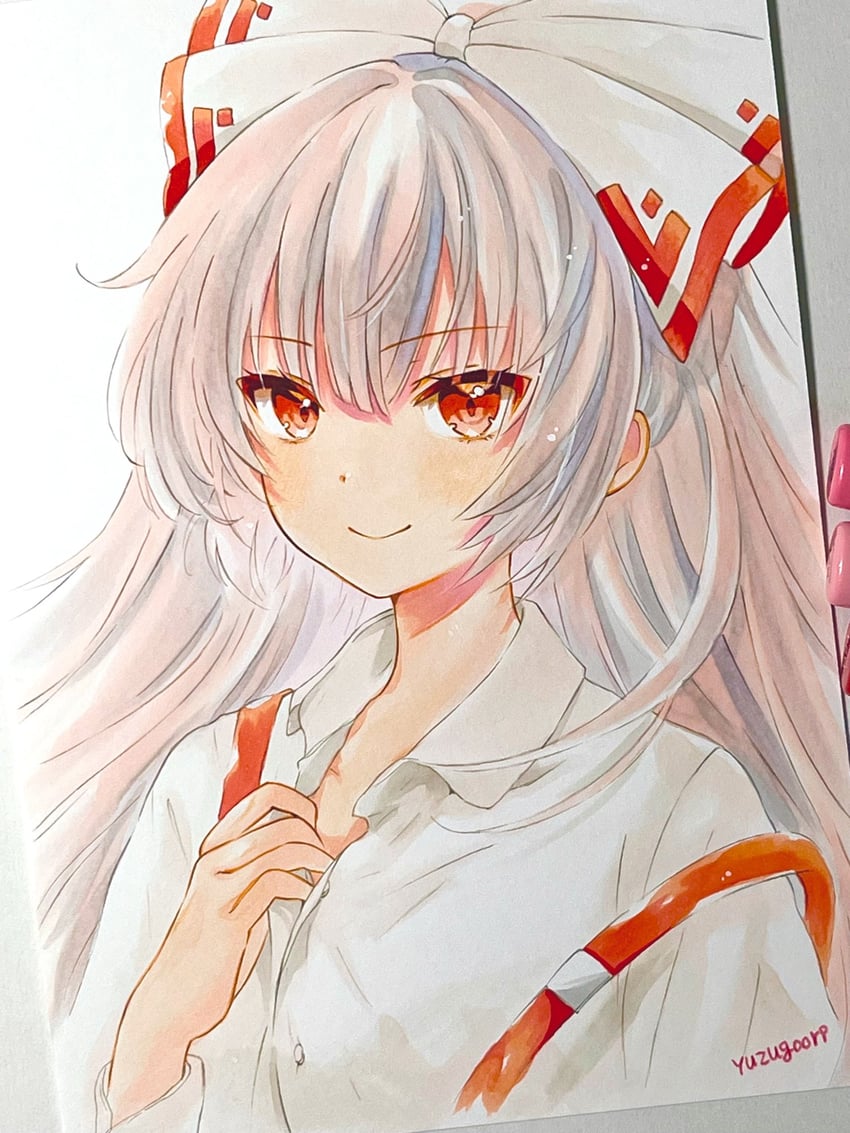 东方Project、藤原妹红 1名女孩 画面内含画具 蝴蝶结 闭嘴 有领衬衫