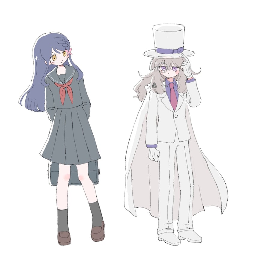 魔术快斗、名侦探柯南、名侦探光之美少女 2名女孩 包 蓝发 脸红 斗篷