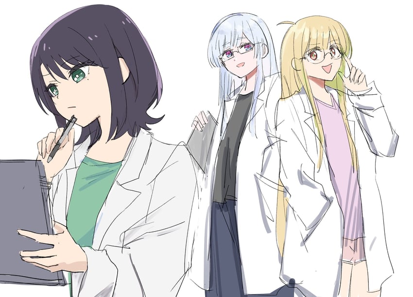 超辉夜姬!、辉夜 (超辉夜姬!)、留奈美八千代 3人女子 调整眼镜 呆毛 戴眼镜的 黑发