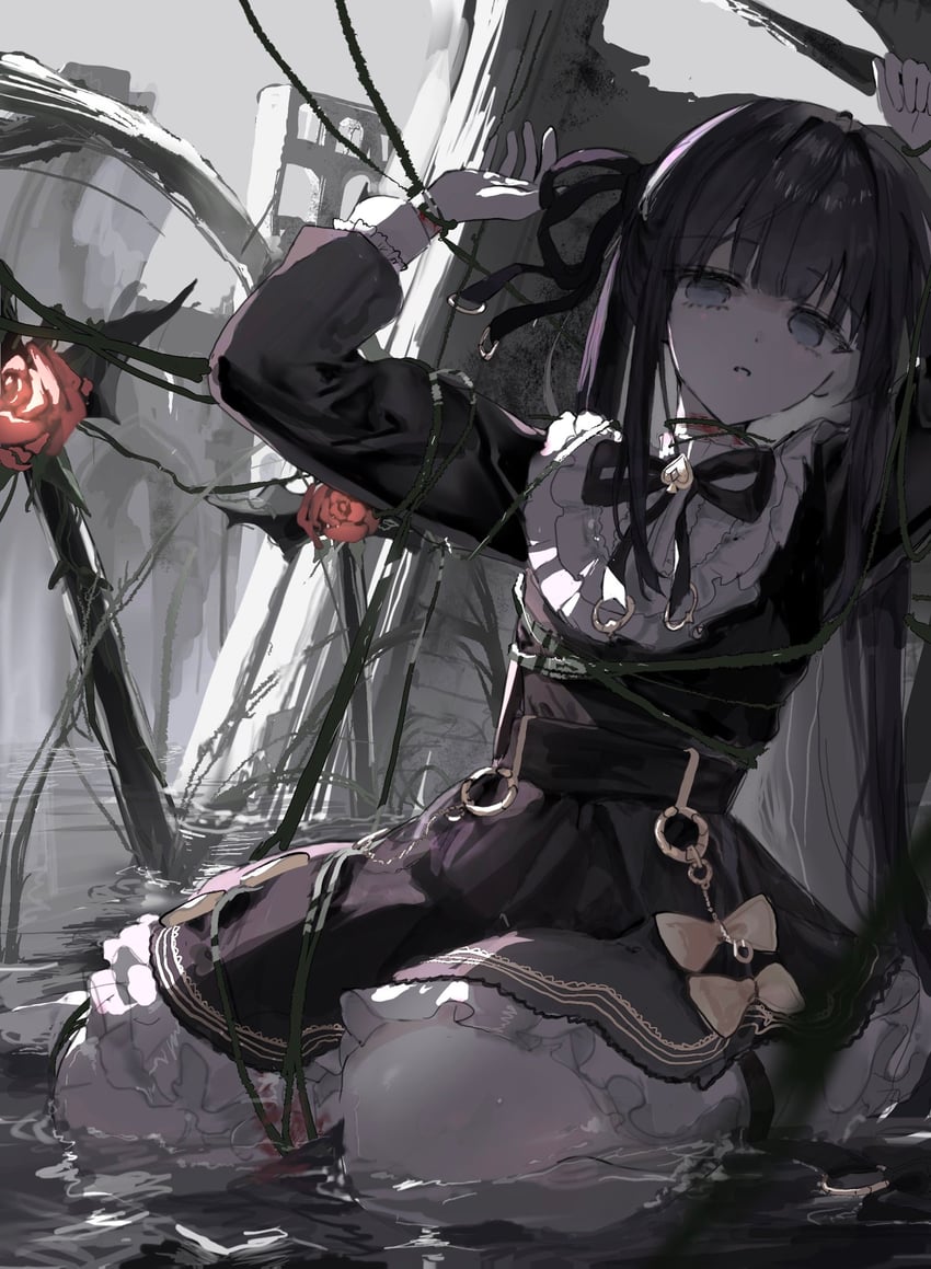 韵律源点 Arcaea、对立 (Arcaea)、对立（Axium）（音弧） 1名女孩 建筑 围兜领 黑色连衣裙 黑发