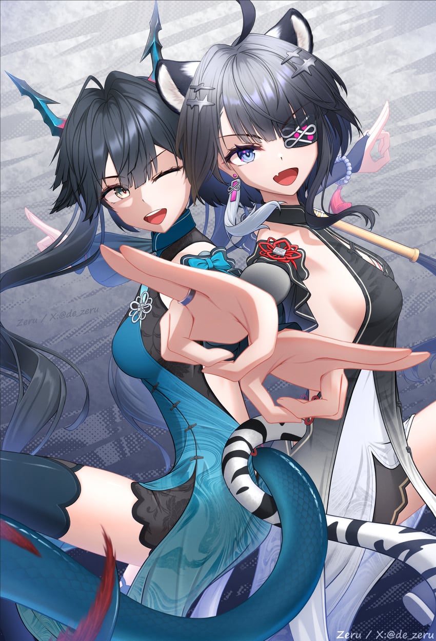 明日方舟、明日方舟：终末地、陈千语 (明日方舟) 2名女孩 呆毛 兽耳 水蓝色连衣裙 作者名