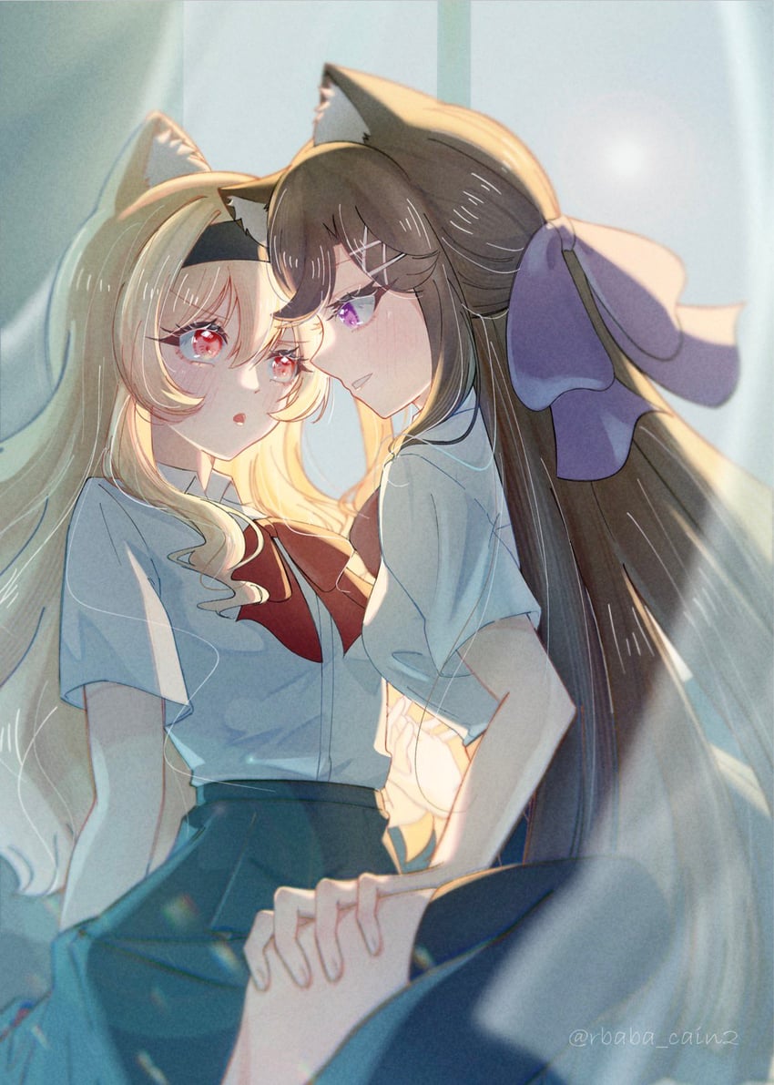 少女☆歌剧 Revue Starlight、西条克洛迪娜、天堂真矢 2名女孩 兽耳毛 兽耳 手放在背后 逆光