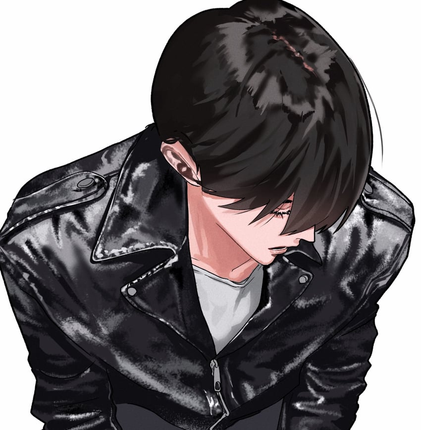 原创 1名男孩 黑发 黑色夹克 闭眼 睫毛