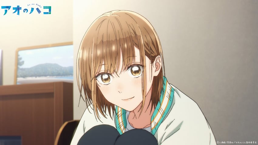 蓝箱、鹿乃千夏 1名女孩 棕眼睛 棕发 时尚 抱膝