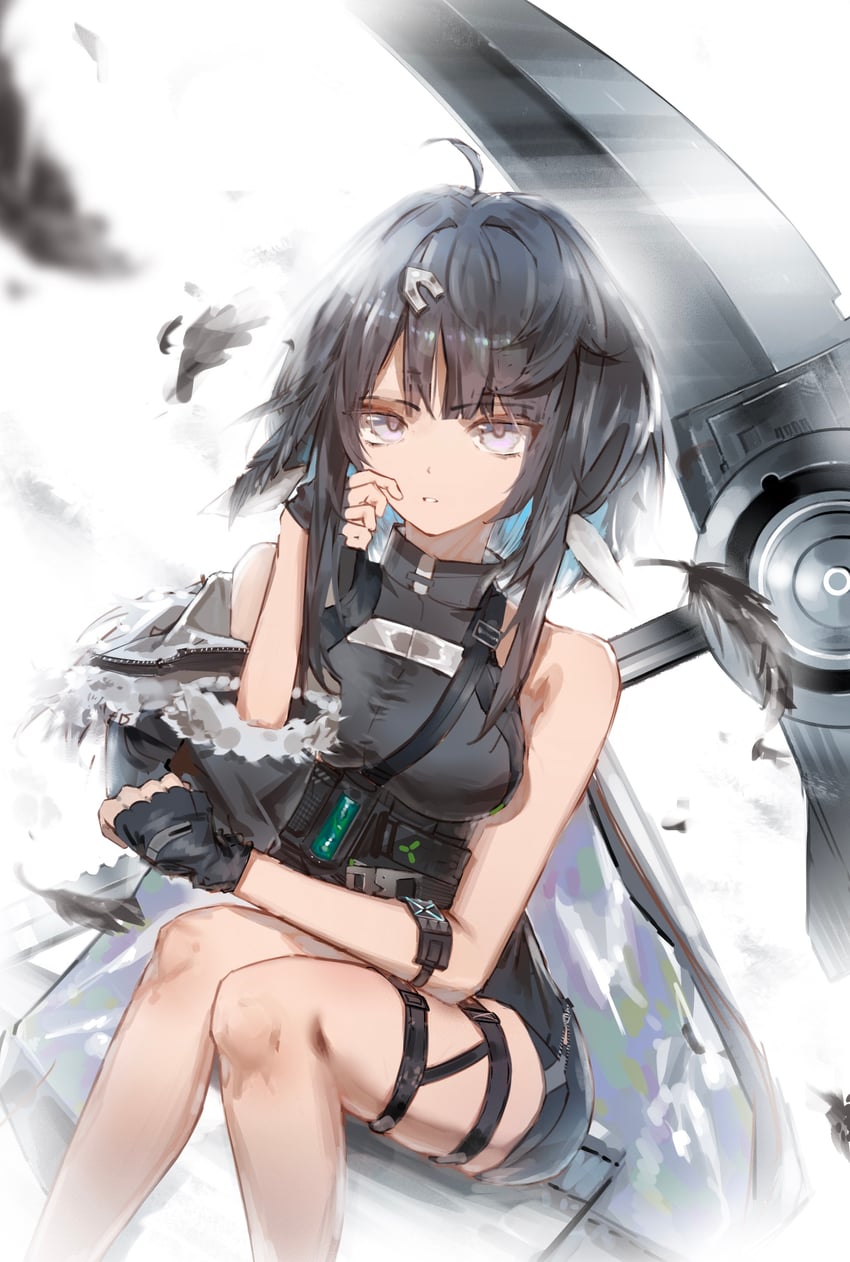明日方舟、羽毛笔 (明日方舟) 1名女孩 呆毛 露肩 黑色手套 黑发