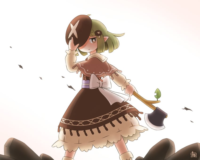 原创、sienit (kitagawa suigetsu) 1名女孩 斧头 逆光 蝴蝶结 棕色短斗篷