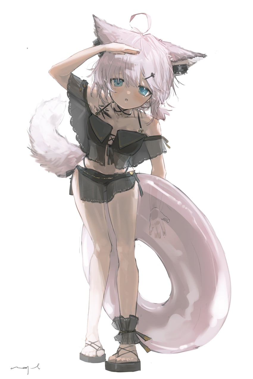 明日方舟、苏苏洛 (明日方舟)、苏苏洛 (夏日花卉) (明日方舟) 呆毛 兽耳 露肩 比基尼 黑色比基尼