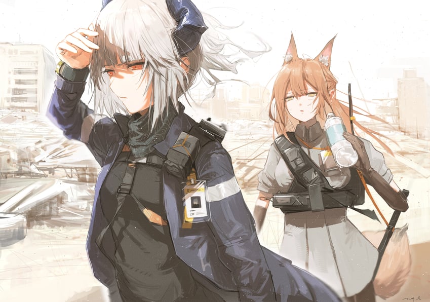 明日方舟、芙兰卡 (明日方舟)、雷蛇 (明日方舟) 2名女孩 兽耳 黑色手套 黑衬衫 蓝色夹克