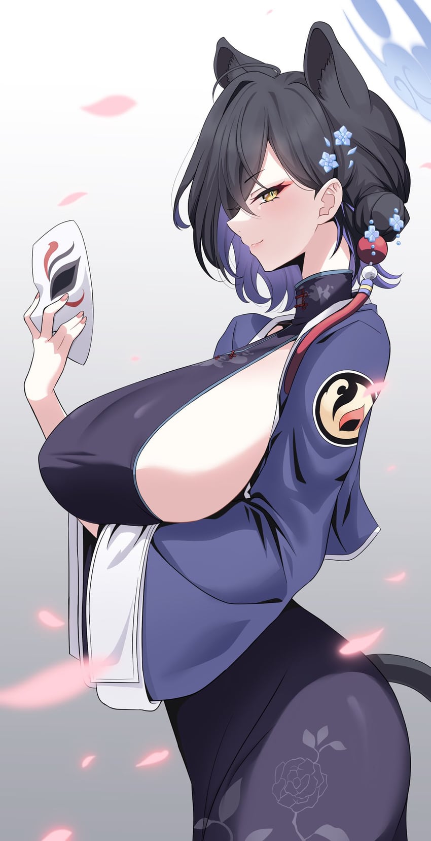 蔚蓝档案、辉夜 (蔚蓝档案) 1名女孩 兽耳 黑色连衣裙 黑发 蓝色光环