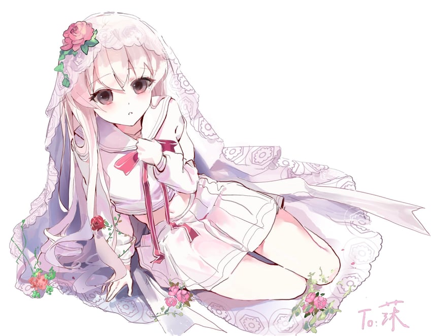 韵律源点 Arcaea、光 (Arcaea)、光 (零) (Arcaea) 1名女孩 蝴蝶结 婚纱面纱 花 灰瞳