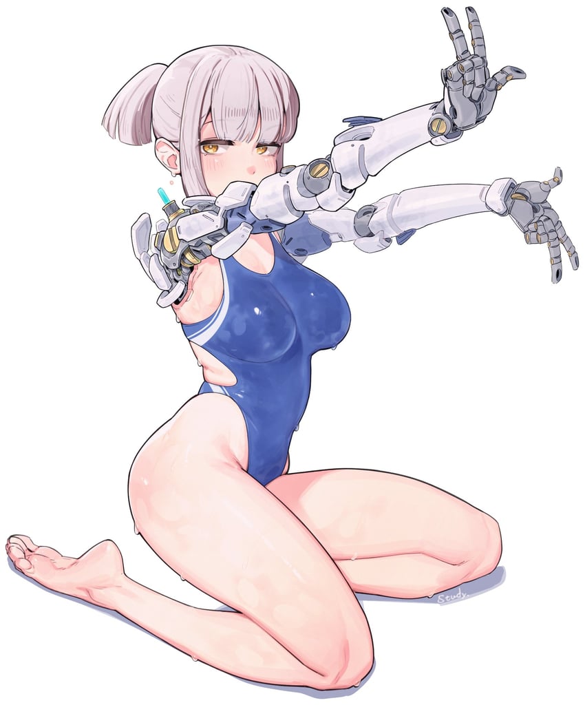 原创 1名女孩 赤脚 蓝色连体泳衣 齐刘海 乳房