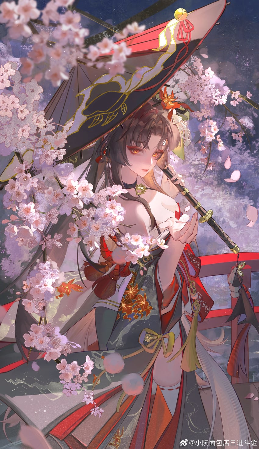 从虚无到永恒、帆鸟 (圣洁之歌) 1名女孩 露肩 黑色项圈 黑发 黑色和服