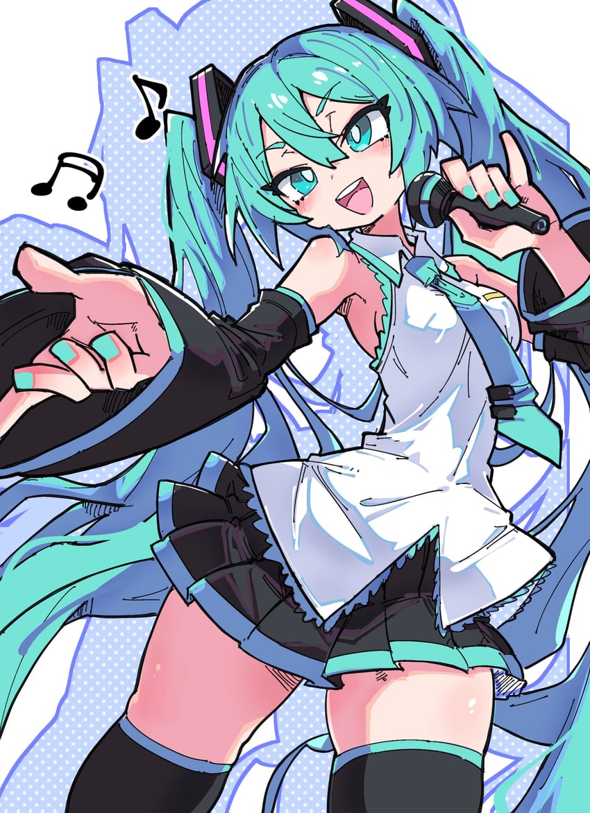 VOCALOID、初音未来 1名女孩 露肩 黑色裙子 黑色袖子 黑色过膝袜