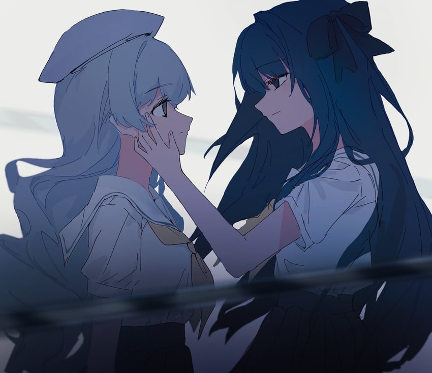 韵律源点 Arcaea、光 (Arcaea)、对立 (Arcaea) 2名女孩 替换服装 贝雷帽 黑色裙子 蓝眼