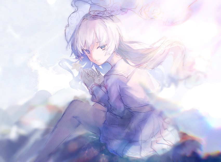 韵律源点 Arcaea、光 (Arcaea)、光 (零) (Arcaea) 1名女孩 蝴蝶结 婚纱面纱 花 灰瞳