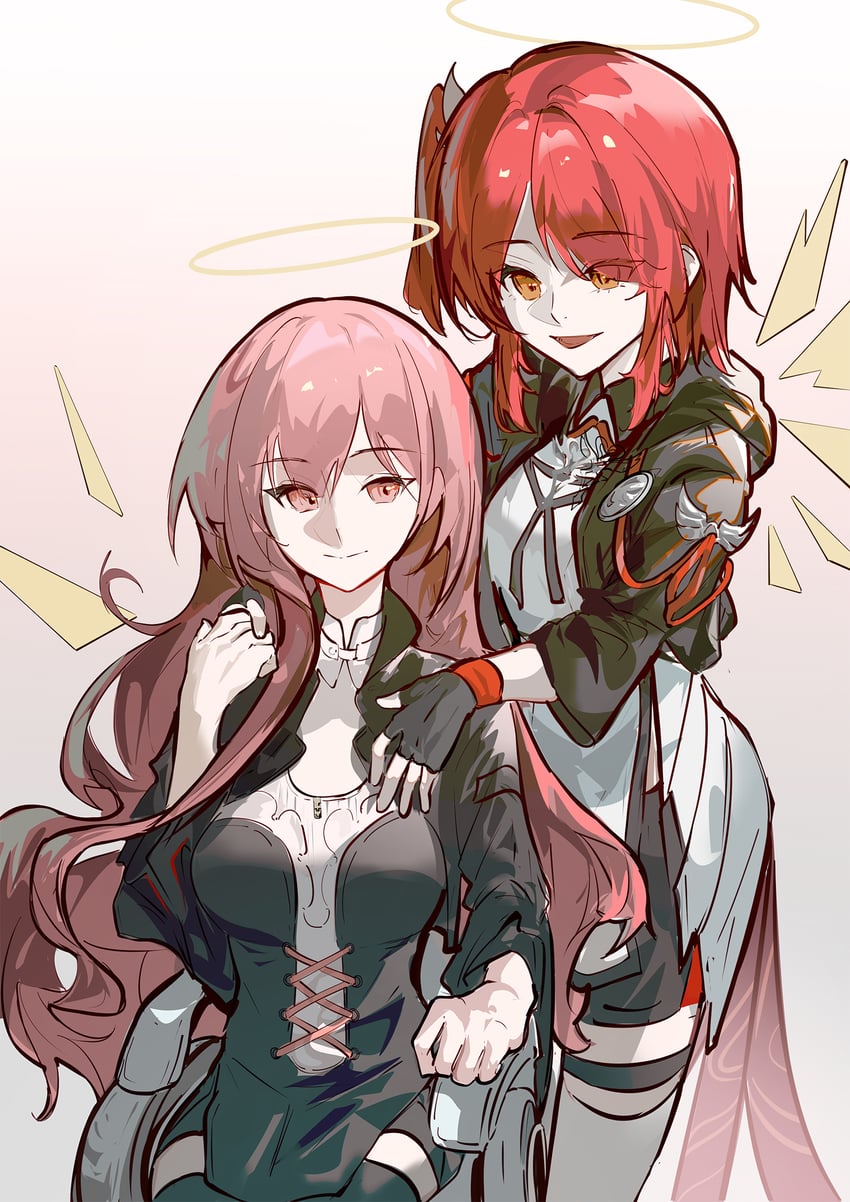 明日方舟、能天使 (明日方舟)、能天使 (新约) (明日方舟) 2名女孩 黑色连衣裙 黑色手套 黑色夹克 黑色短裤