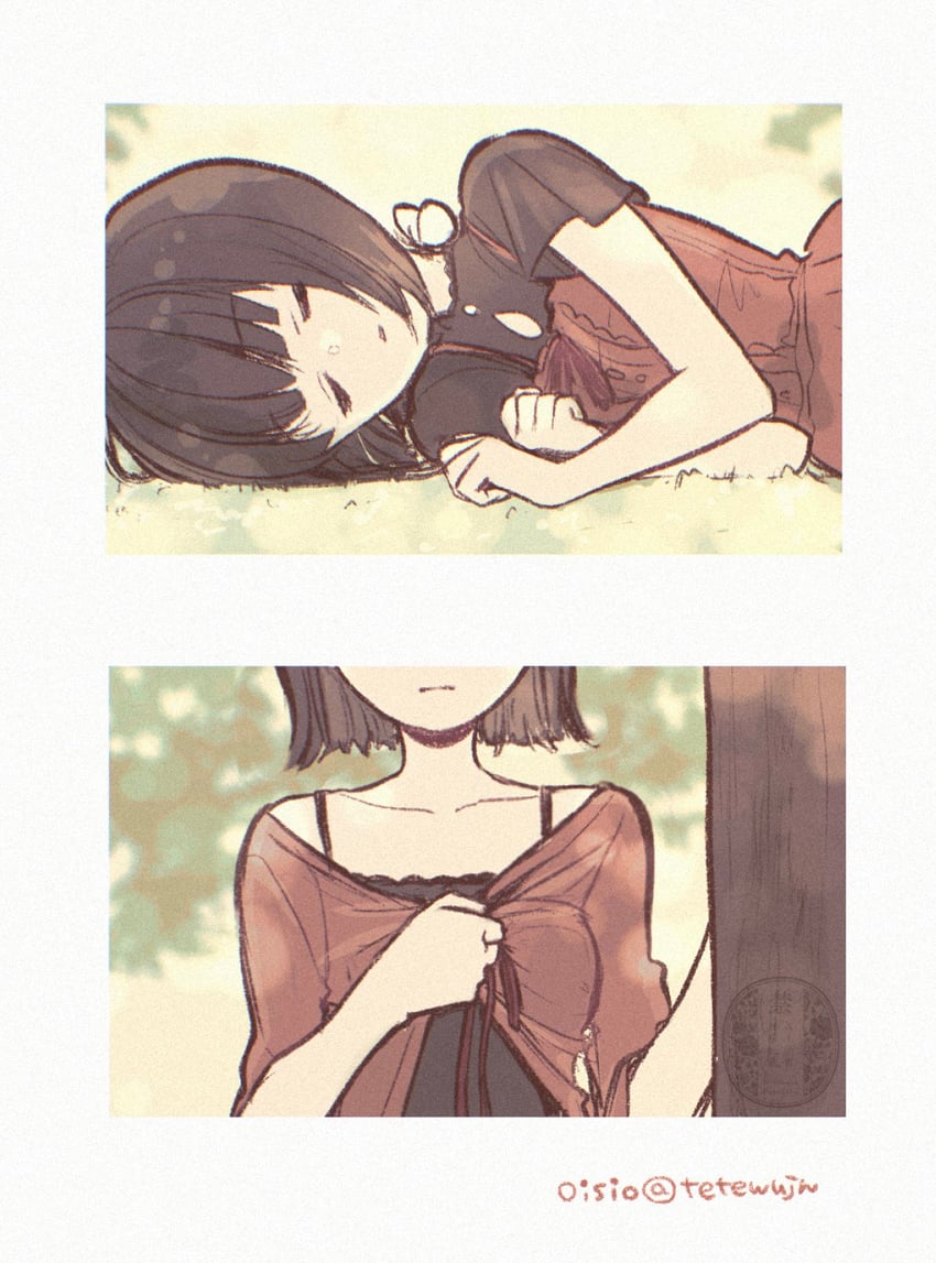 零、零·红蝶、天仓茧 2名女孩 乳沟上方镂空 作者名 黑吊带背心 黑衬衫