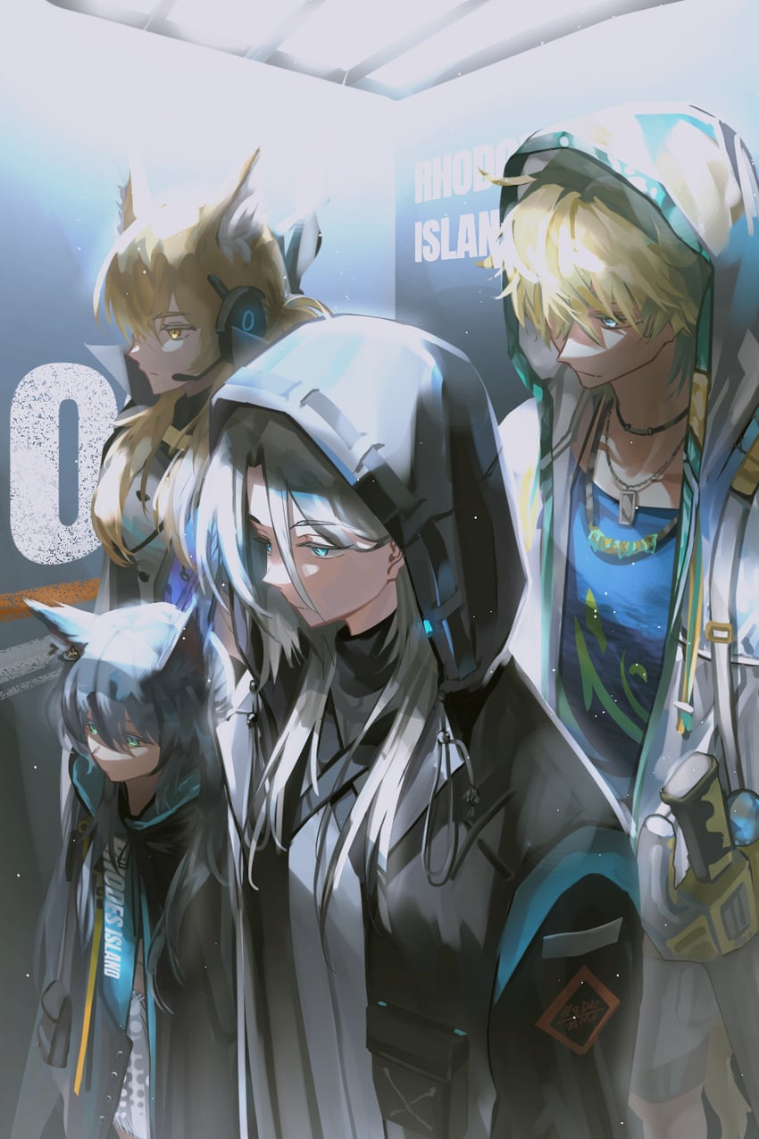 明日方舟、博士 (明日方舟)、博士 (女) (明日方舟) 1名男孩 3人女子 兽耳毛 兽耳 黑色大衣