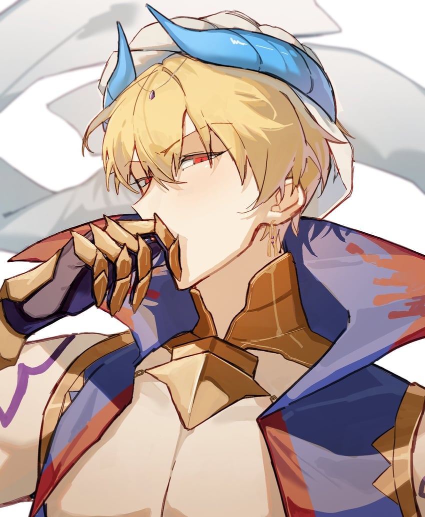 Fate/Grand Order、Fate系列、吉尔伽美什 (Caster) (Fate) 1名男孩 金发 捂住自己的嘴 耳环 宝石