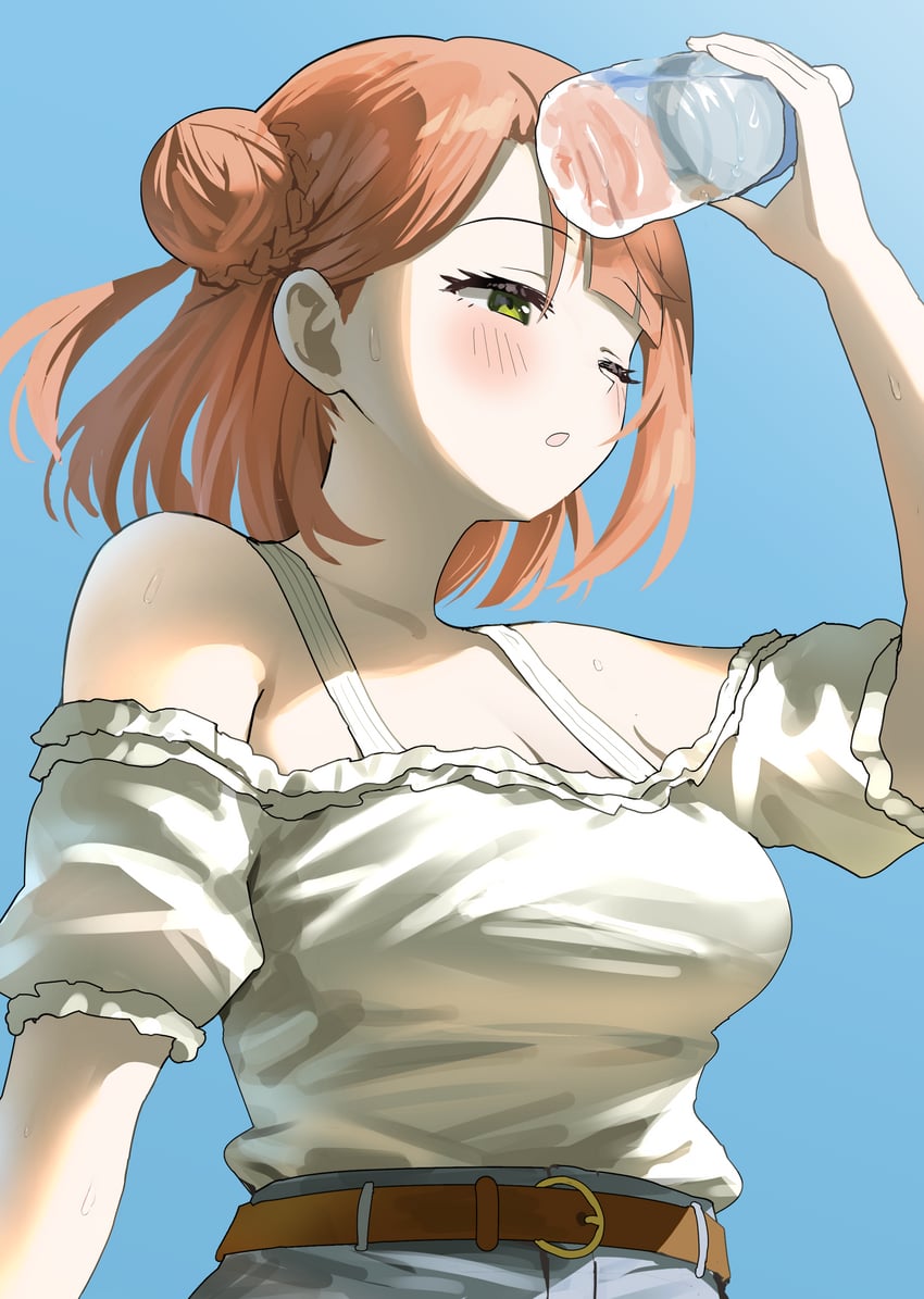 Love Live!、Love Live! 虹咲学园学园偶像同好会、上原步梦 1名女孩 露肩 瓶子 乳房 乳沟