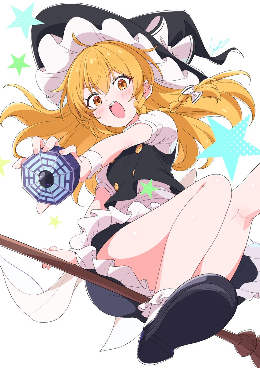 东方Project、雾雨魔理沙 1名女孩 围裙 后背蝴蝶结 黑帽子 黑鞋