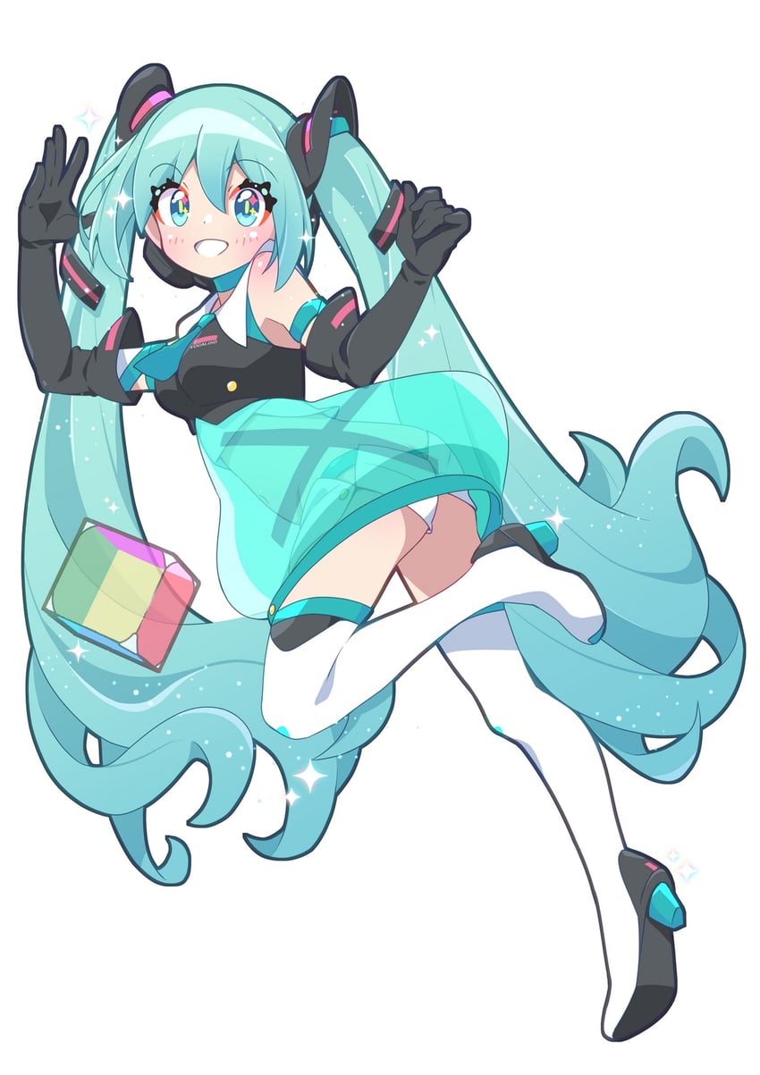 魔法未来(Vocaloid)、VOCALOID、初音未来 1名女孩 露肩 黑色手套 黑衬衫 蓝眼