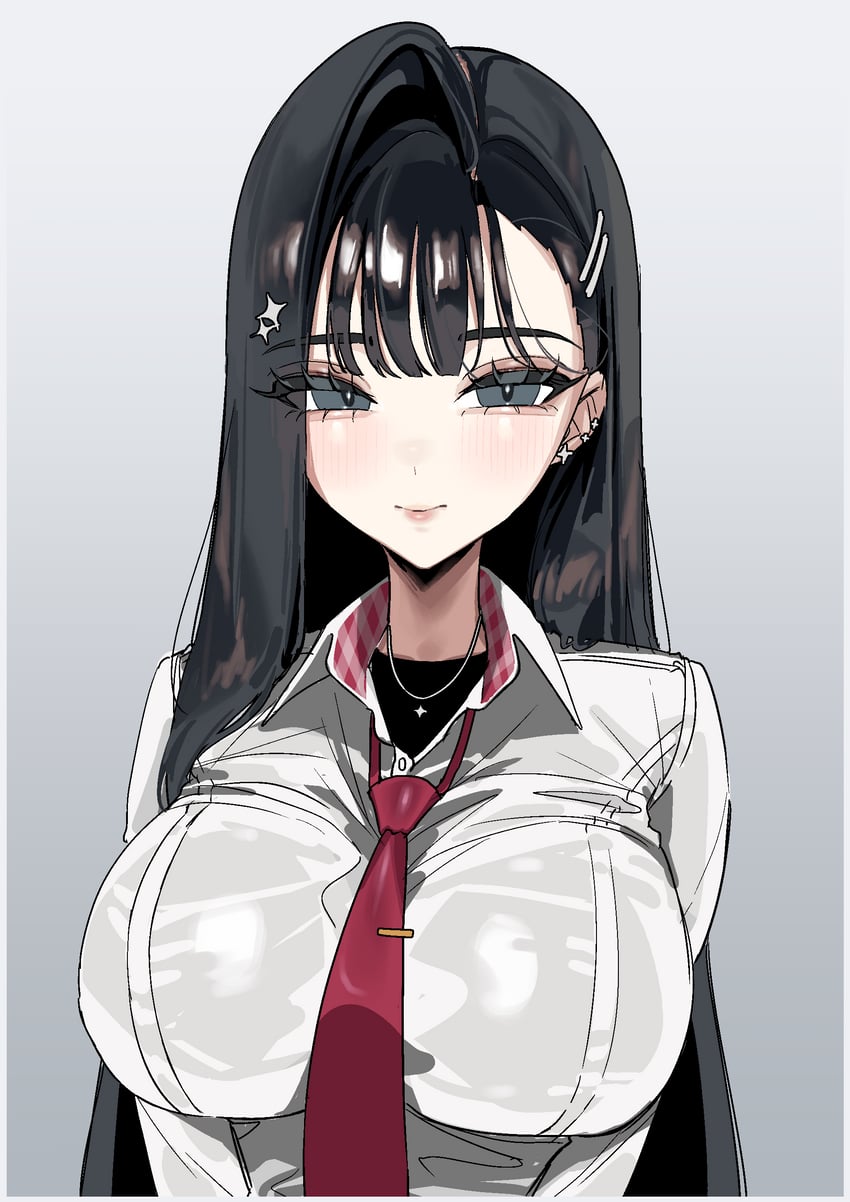 原创 1名女孩 黑瞳 黑发 黑衬衫 齐刘海