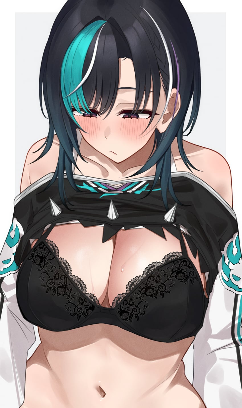 Hololive、hololive DEV_IS、龙胆千早 1名女孩 水色发 黑色文胸 黑发 脸红