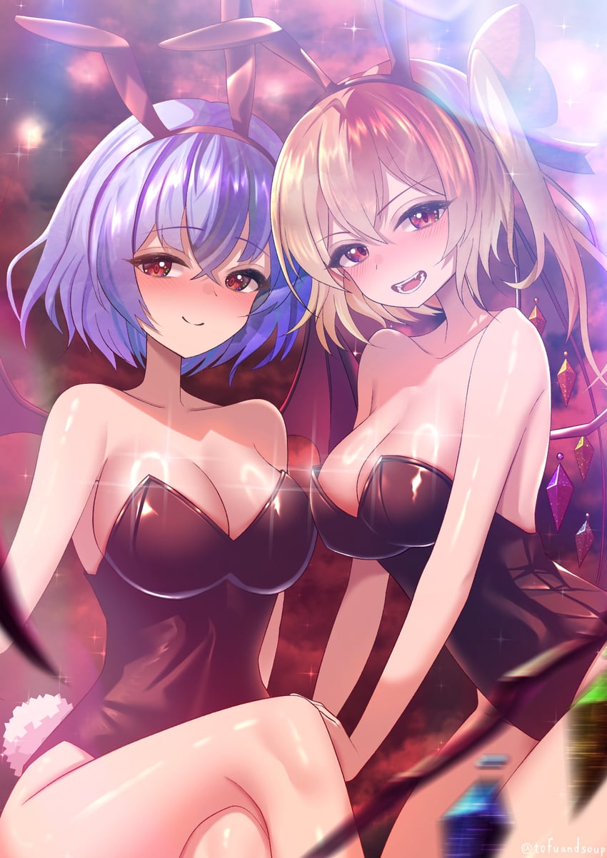 东方Project、芙兰朵露·斯卡蕾特、蕾米莉亚·斯卡蕾特 2名女孩 替换服装 兽耳发箍 兽耳 黑色紧身连体衣