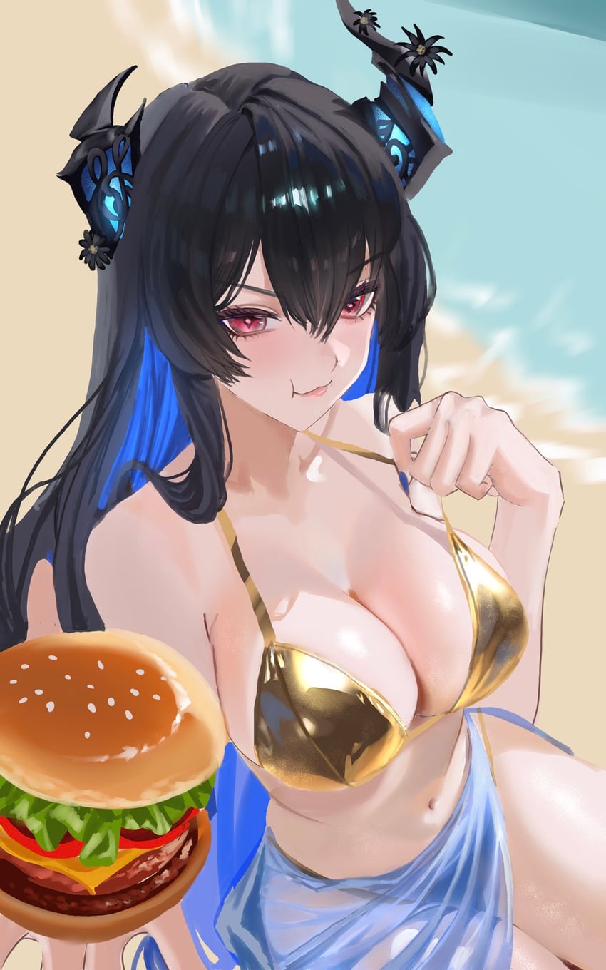Hololive、Hololive英语、涅莉莎·雷文克劳夫特 1名女孩 不对称角 比基尼 黑发 黑角