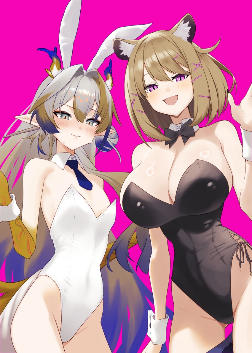 明日方舟、黍 (明日方舟)、宴 (明日方舟) 2名女孩 露肩 黑色紧身连体衣 乳房 假领