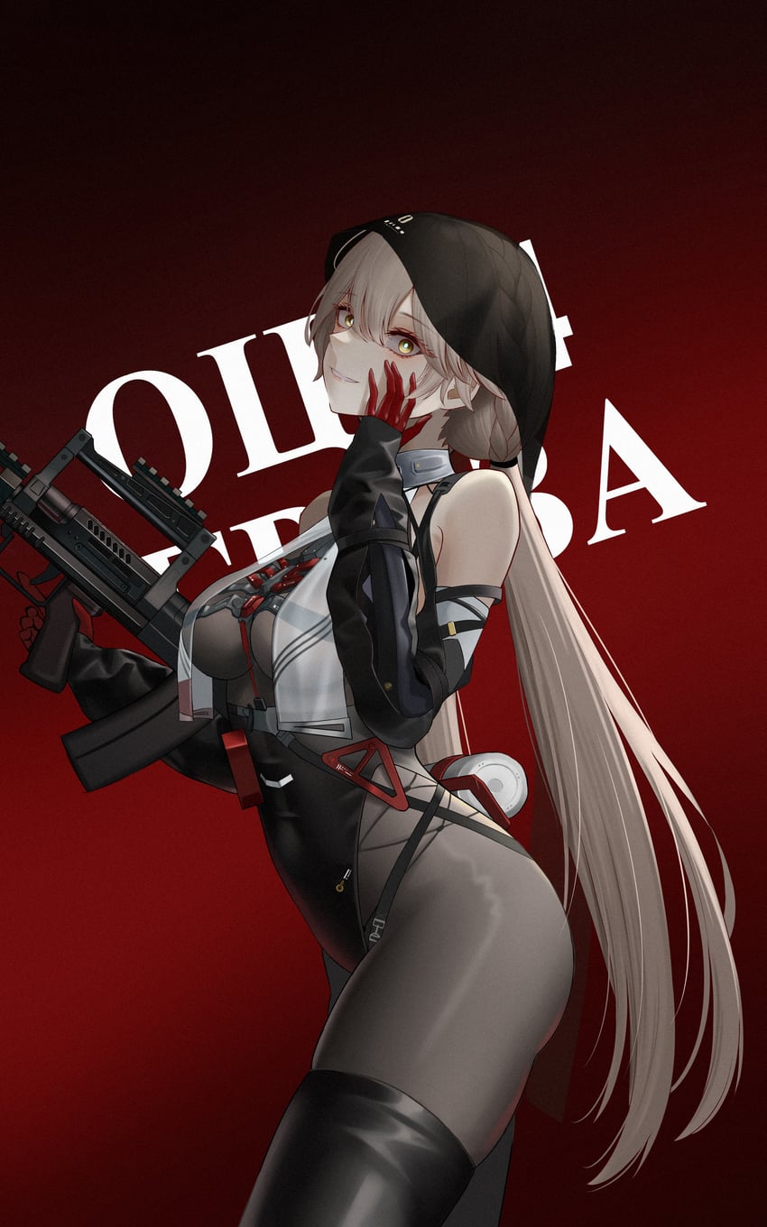 少女前线、少女前线2：追放、闪电 (少女前线2：追放) 1名女孩 突击步枪 露肩 黑面纱 全身袜