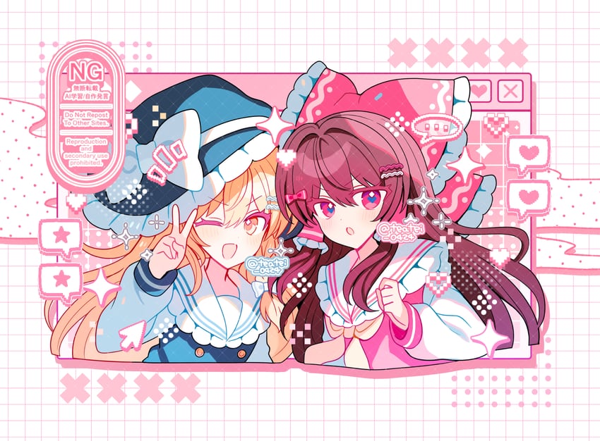 东方Project、博丽灵梦、雾雨魔理沙 ... 2名女孩 替换服装 金发 蓝帽子