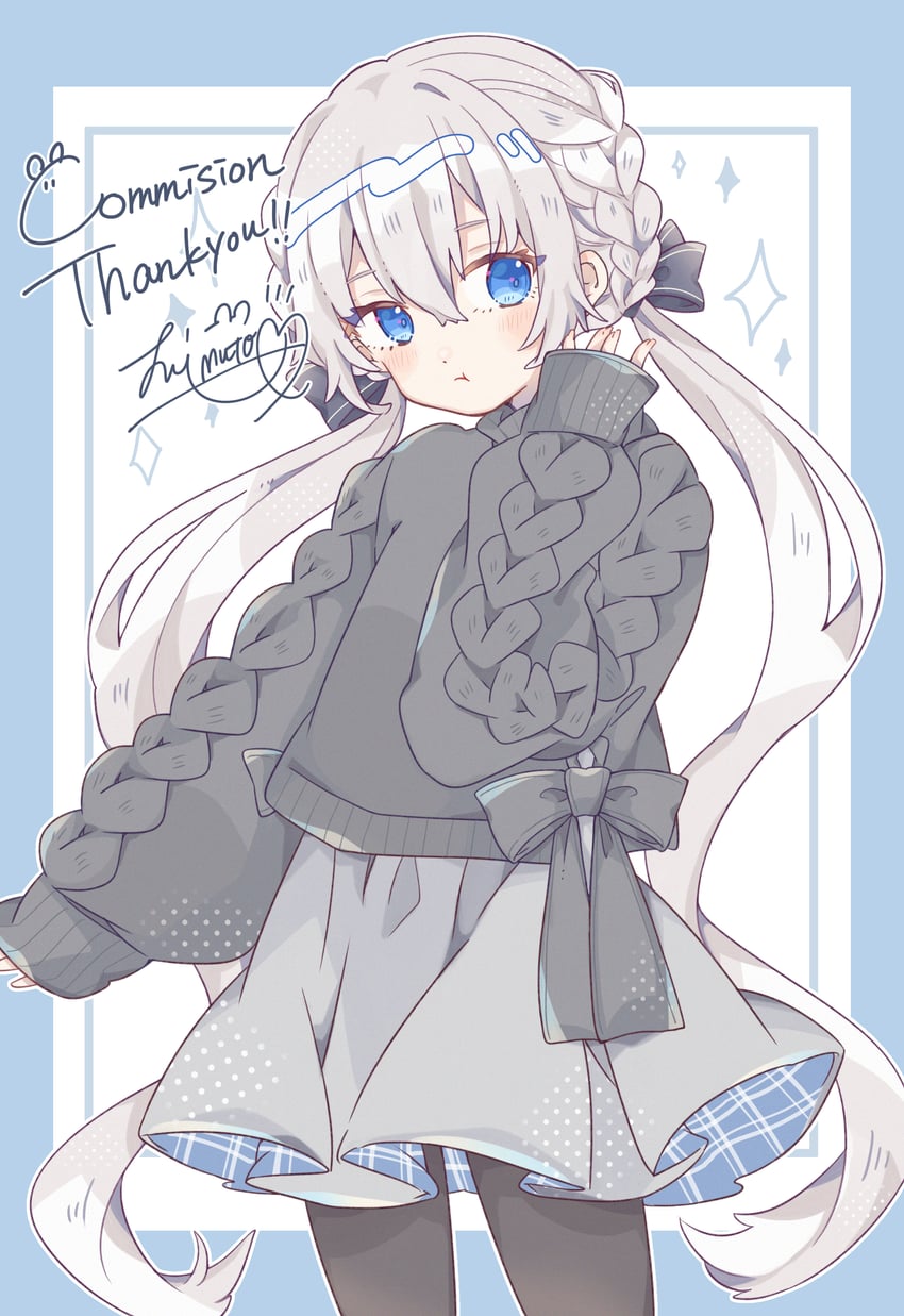 二次元插画 1名女孩 :t 黑色连裤袜 蓝色边框 蓝眼