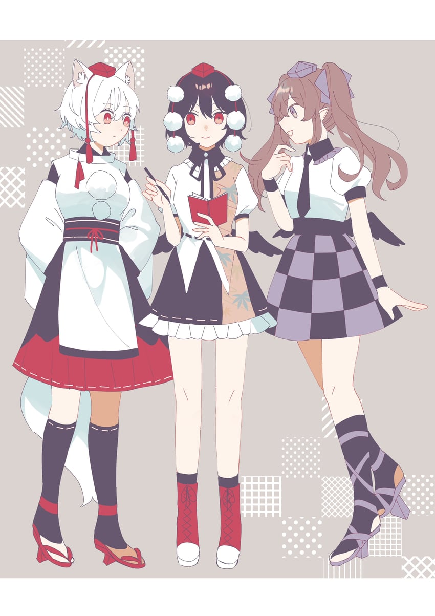 东方Project、姬海棠羽立、犬走椛 3人女子 兽耳 鸟翼 黑发 黑色领带