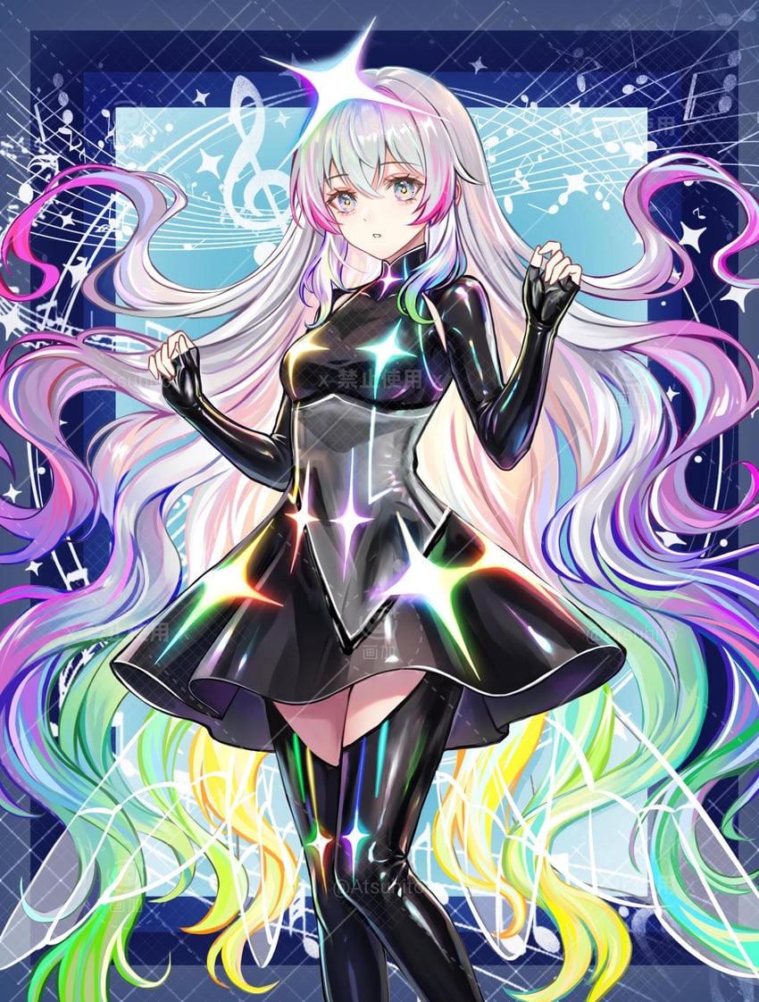 中二节奏、世嘉、ixia (chunithm) 1名女孩 黑色连衣裙 黑色过膝袜 蓝眼 连衣裙