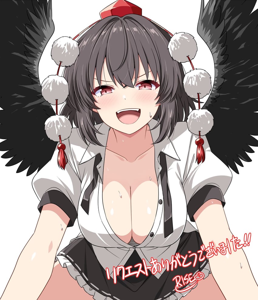 东方Project、射命丸文 1名女孩 黑色裙子 黑色翅膀 脸红 乳房