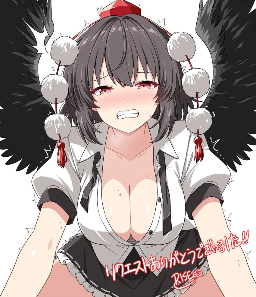 东方Project、射命丸文 1名女孩 鸟翼 黑色裙子 黑色翅膀 脸红