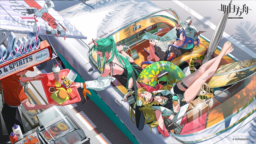 明日方舟、陈 (明日方舟)、假日威龙陈 (明日方舟) 1名男孩 3人女子 兽耳 露肩 鸟