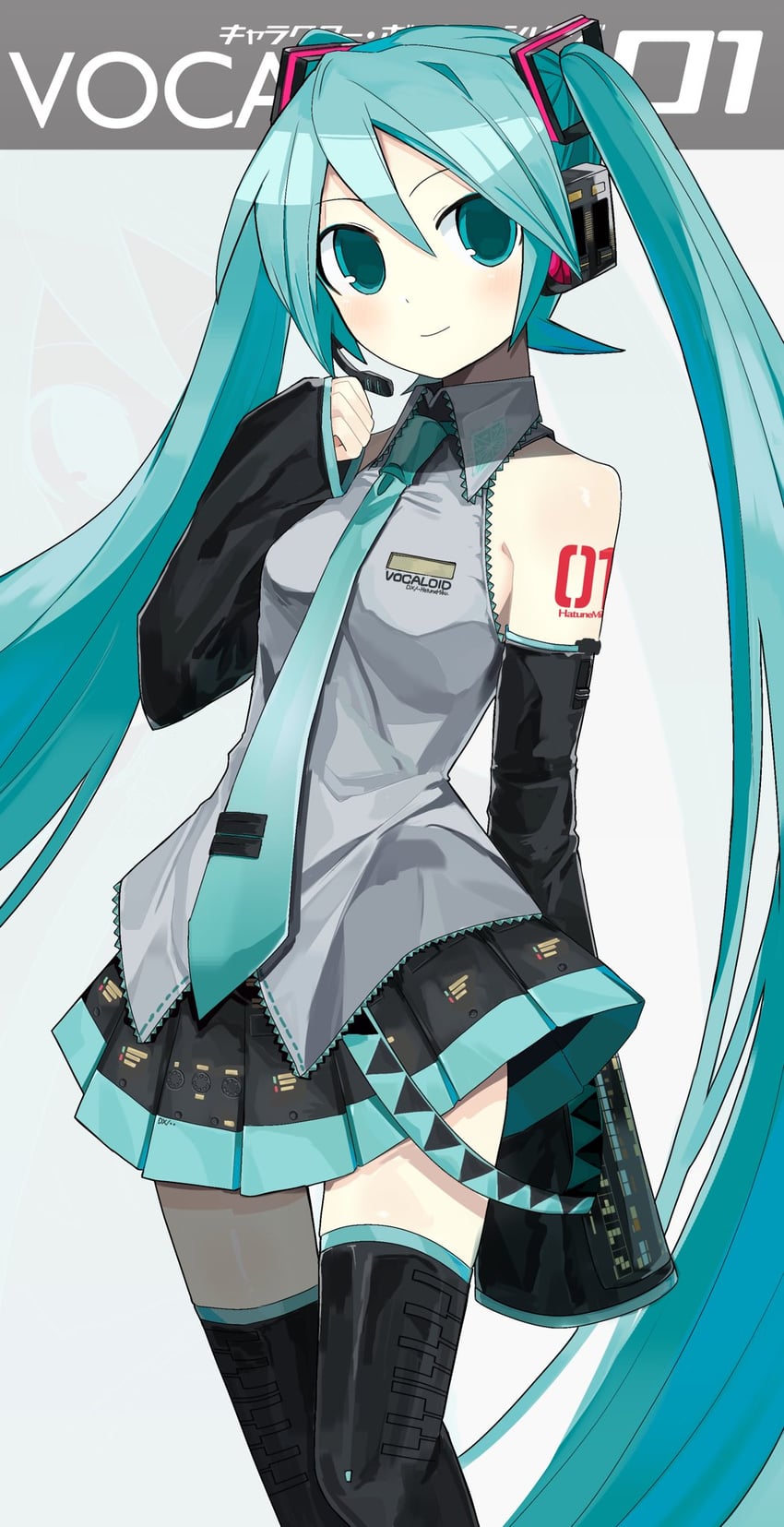 VOCALOID、初音未来 1名女孩 水色发 水蓝色领带 露肩 黑色裙子