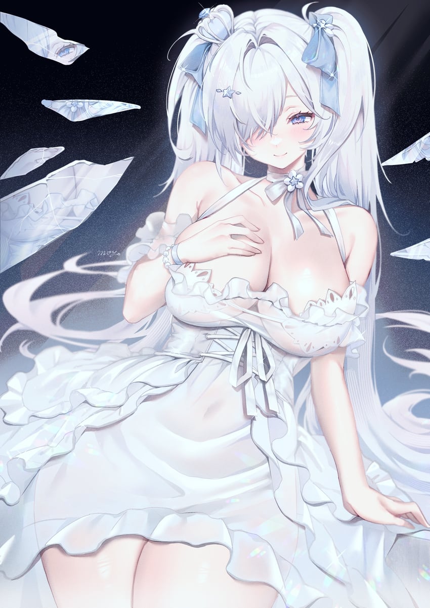 胜利女神：妮姬、灰姑娘 (妮姬) 1名女孩 露肩 黑色背景 蓝眼 脸红