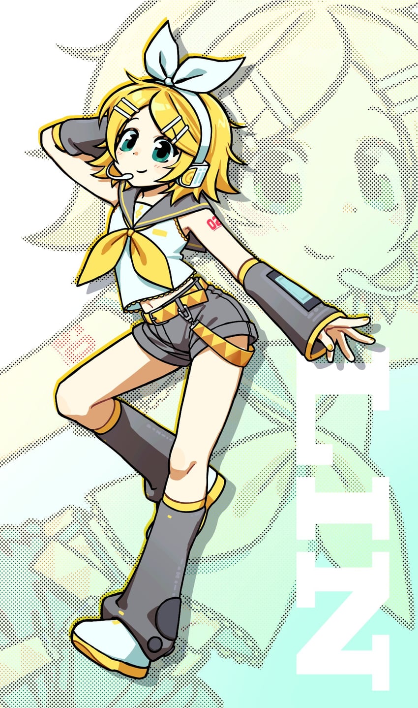 VOCALOID、镜音铃 1名女孩 水色瞳 手放在头后 金发 蝴蝶结